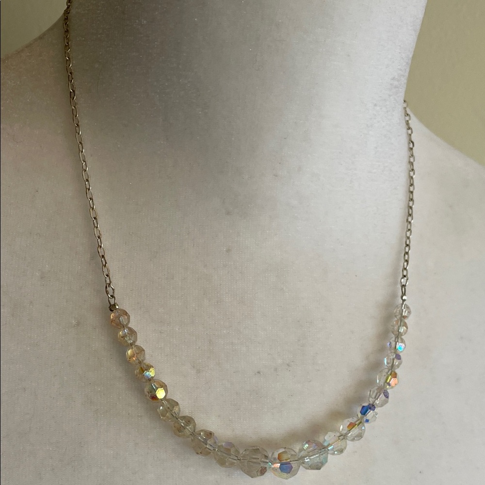 GIVENCHY Iridescent Aurora BorealisCrystal Necklace Silver Chain Vintage